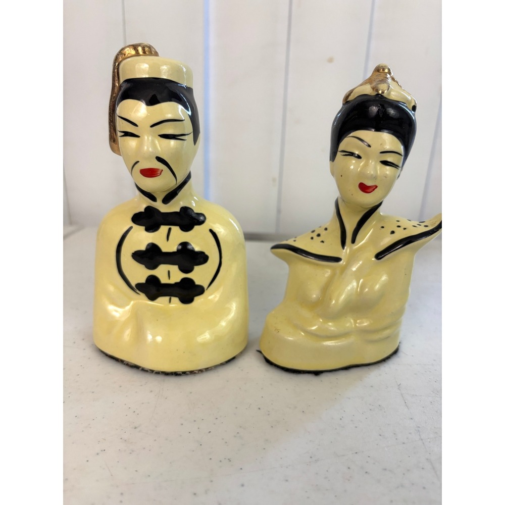 Vintage 1950s Asian Man Woman Ceramic Figurines Pair Yellow Black Gold MCM - Picture 6 of 9